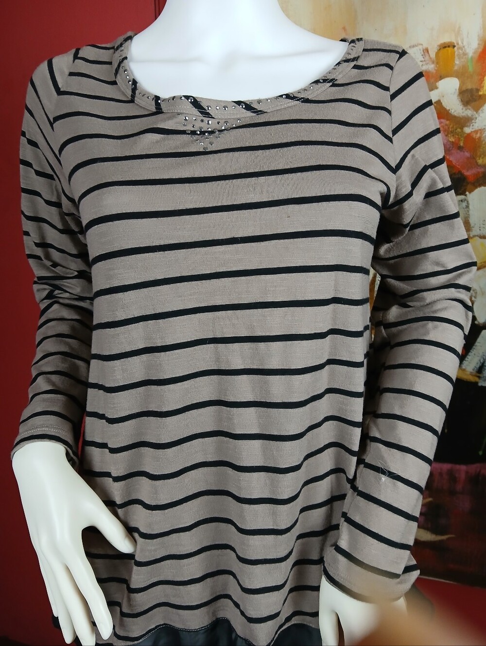 Striped Long-Sleeve Scoop Neck Top in Taupe and Black
